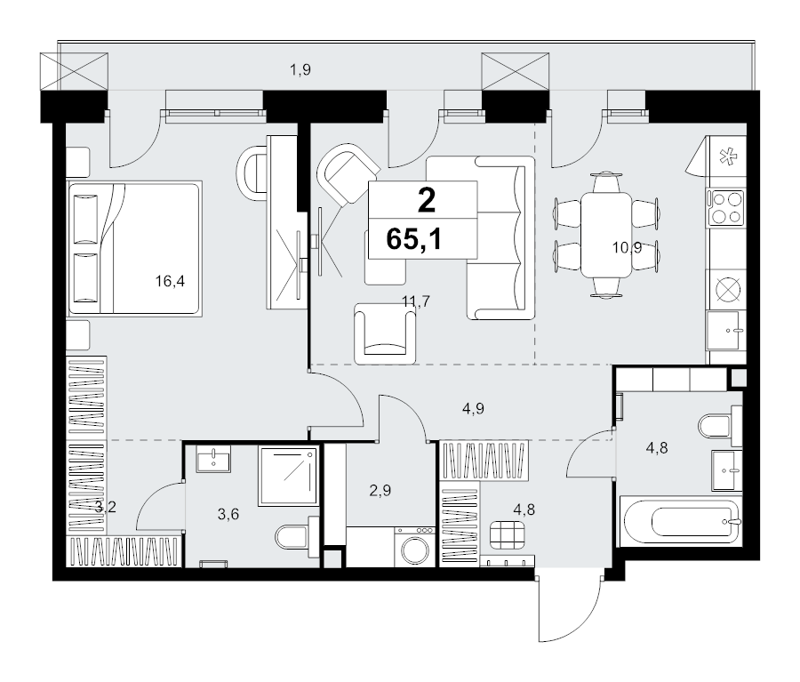 2 ккв (Евро) 65,1 м²