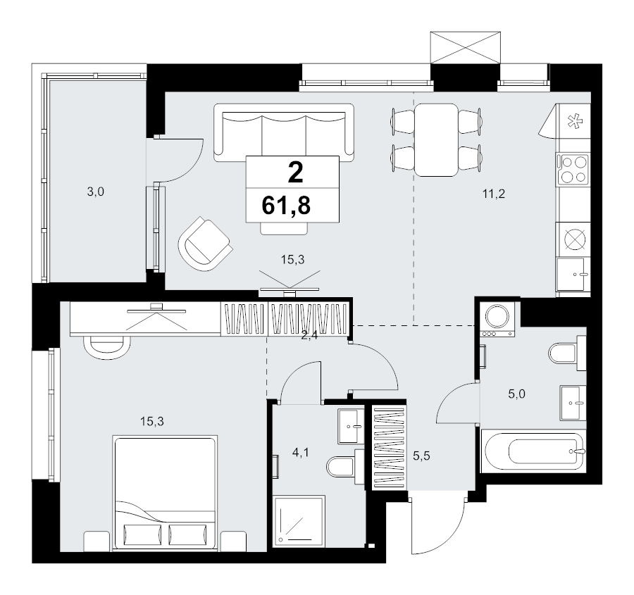 2 ккв (Евро) 61,8 м²