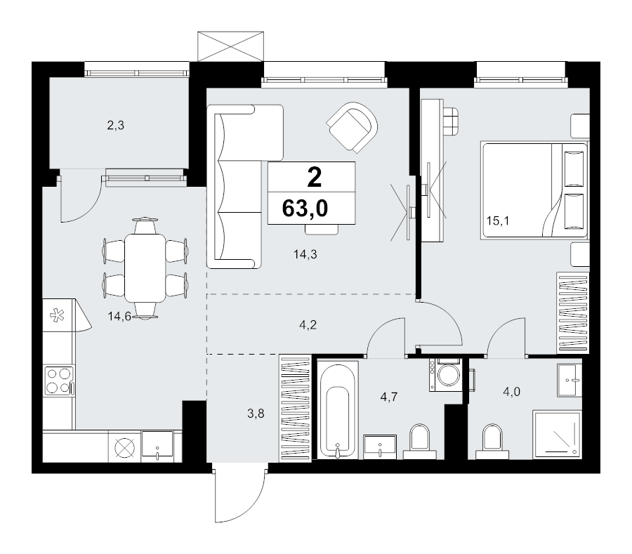 2 ккв (Евро) 63 м²