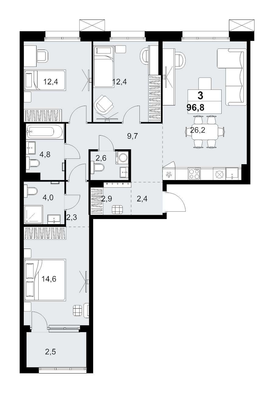 4 ккв (Евро) 96,8 м²