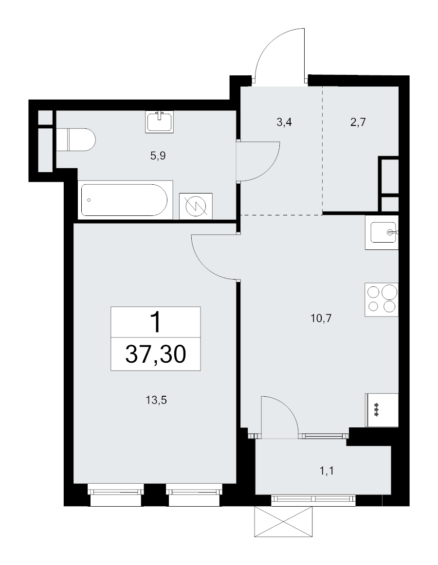 1 ккв 37,3 м²