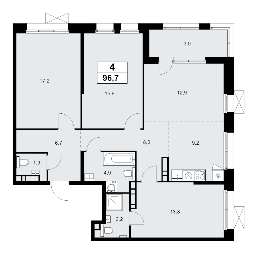 4 ккв (Евро) 96,7 м²