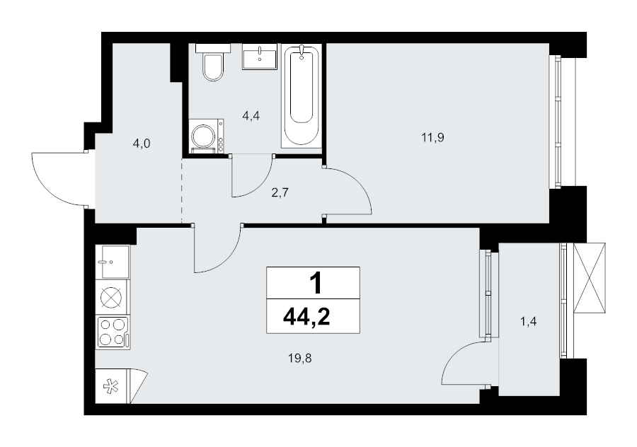 2 ккв (Евро) 44,2 м²