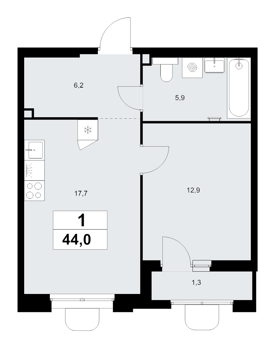 2 ккв (Евро) 44 м²