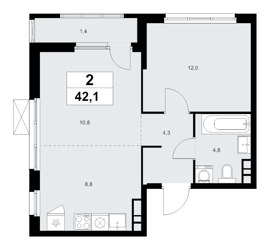 2 ккв (Евро) 42,1 м²