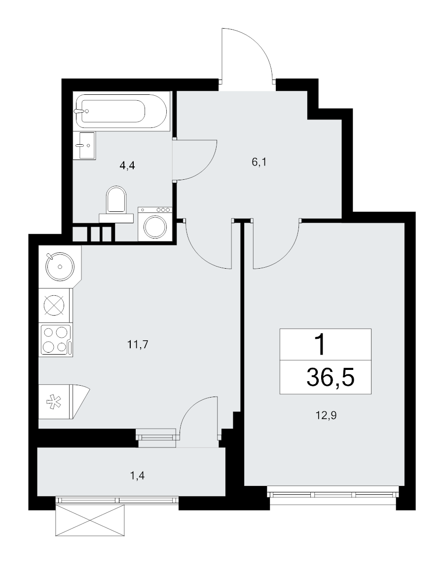 1 ккв 36,5 м²
