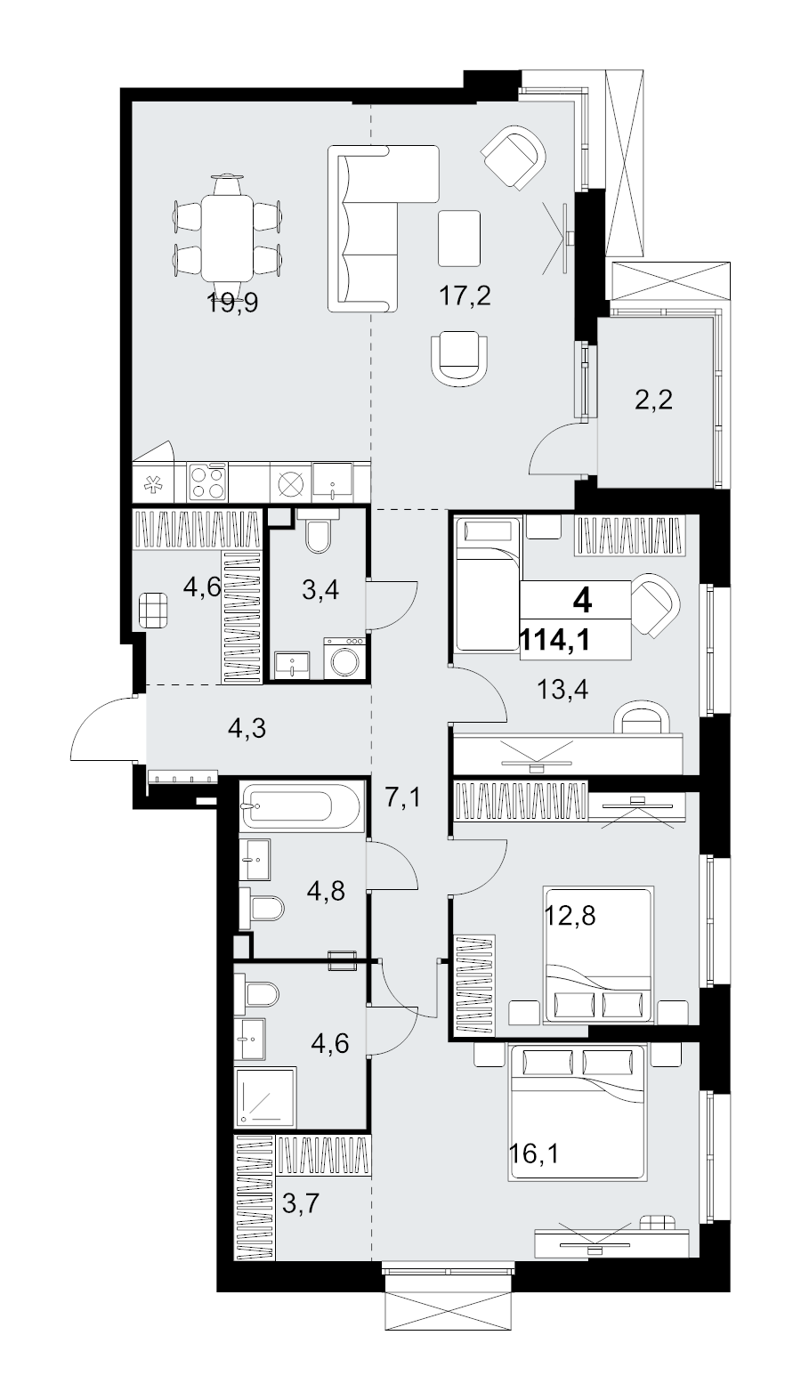 4 ккв (Евро) 114,1 м²
