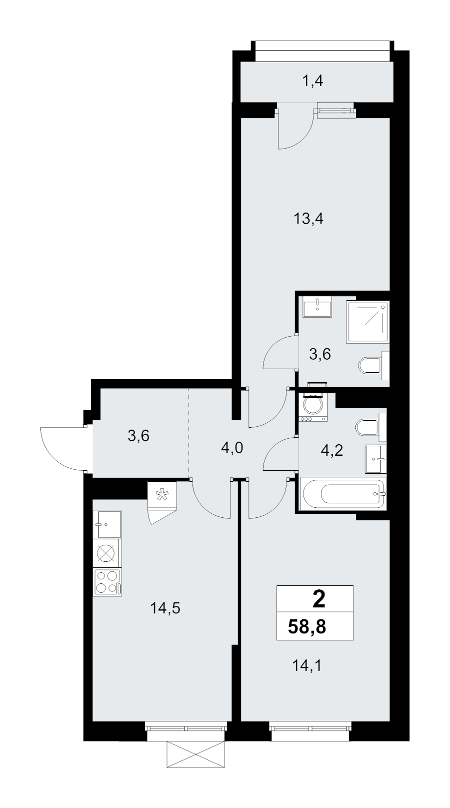 2 ккв 58,8 м²