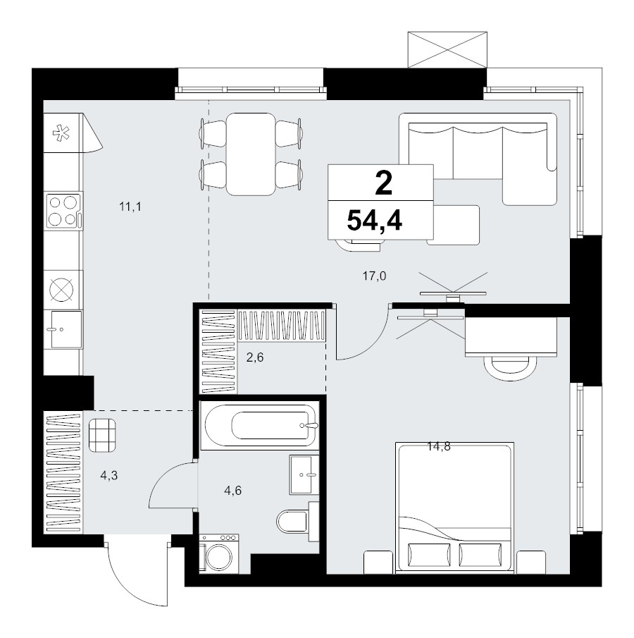 2 ккв (Евро) 54,4 м²