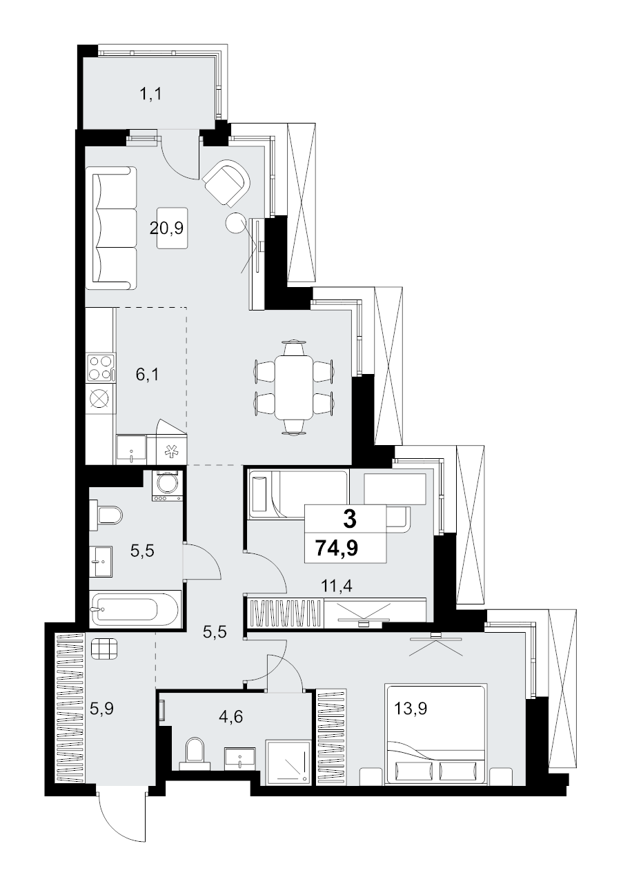3 ккв (Евро) 74,9 м²