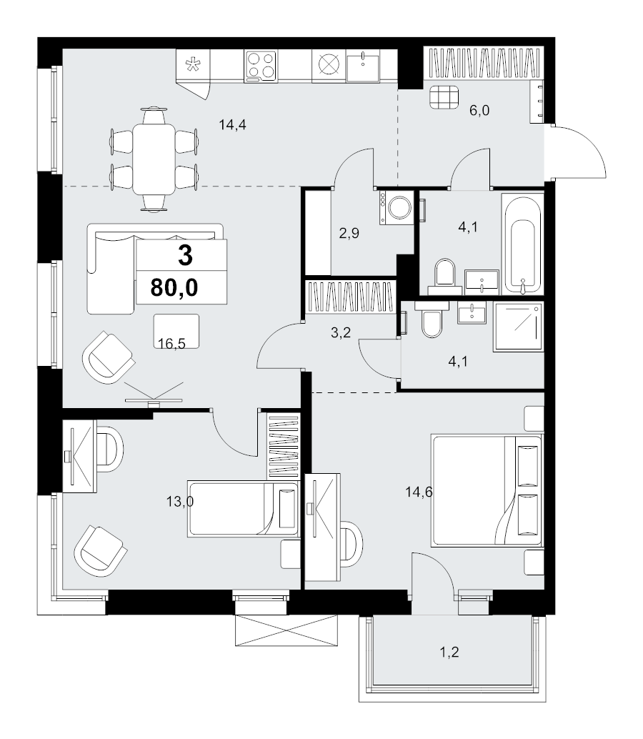 3 ккв (Евро) 80 м²