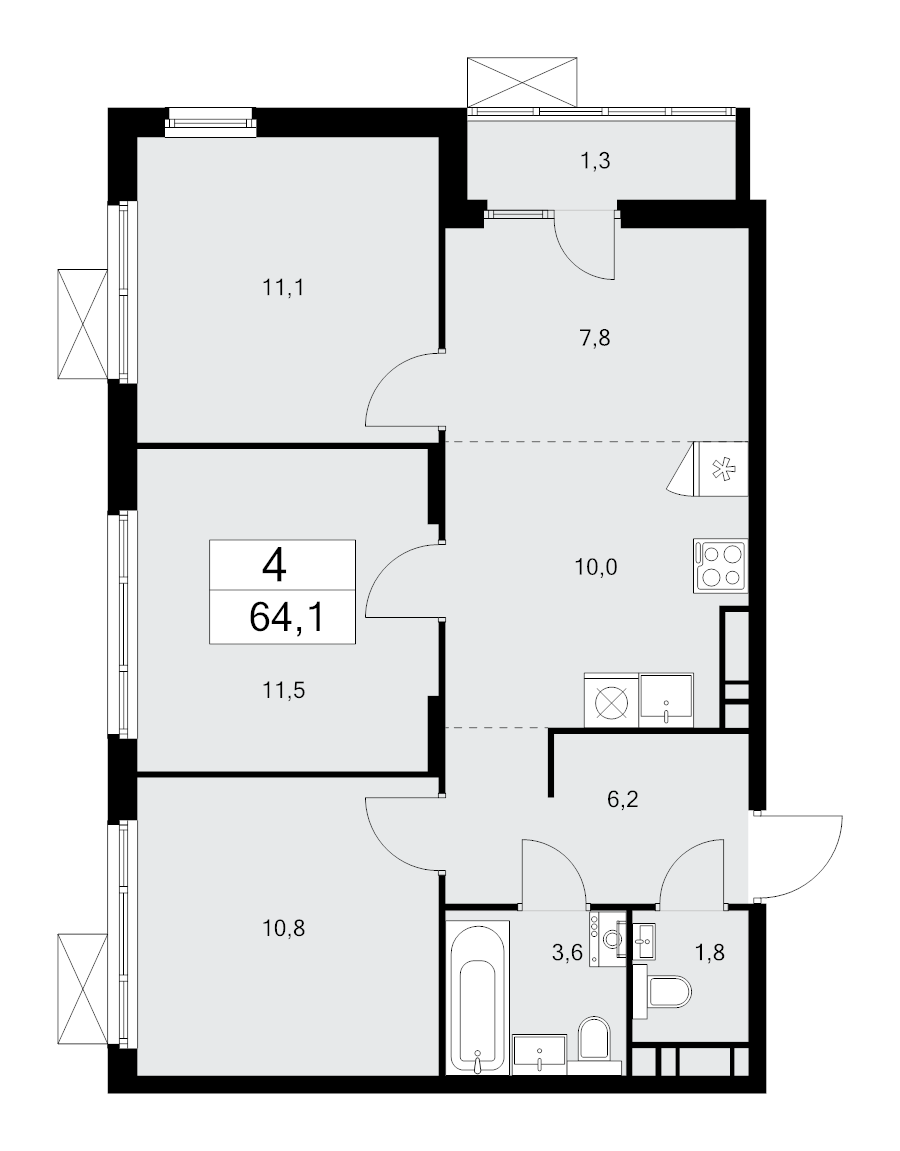 4 ккв (Евро) 63,9 м²