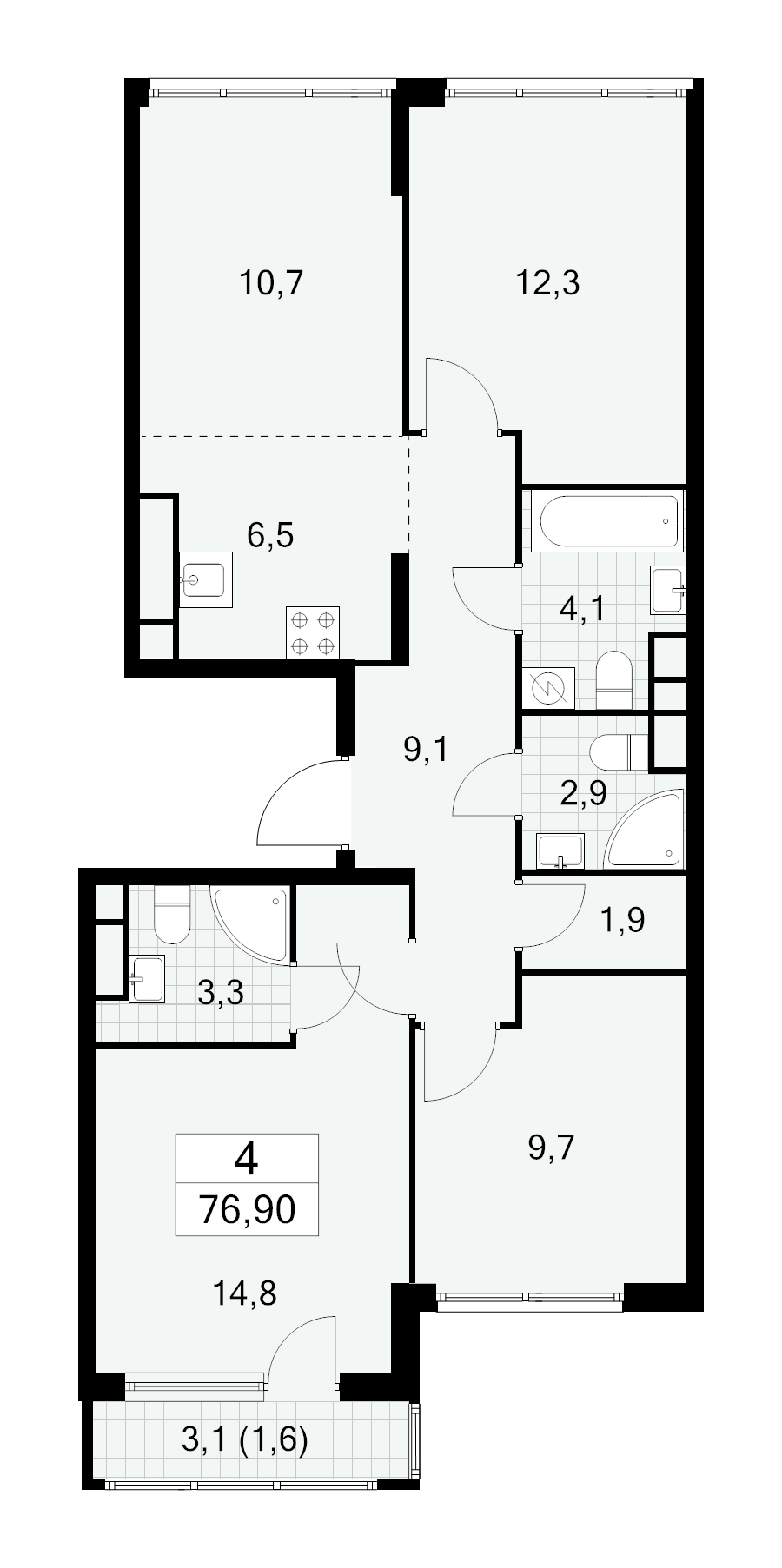4 ккв (Евро) 76,9 м²