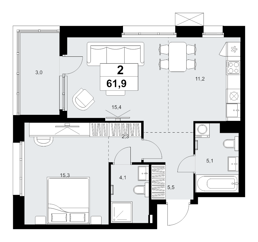2 ккв (Евро) 61,9 м²