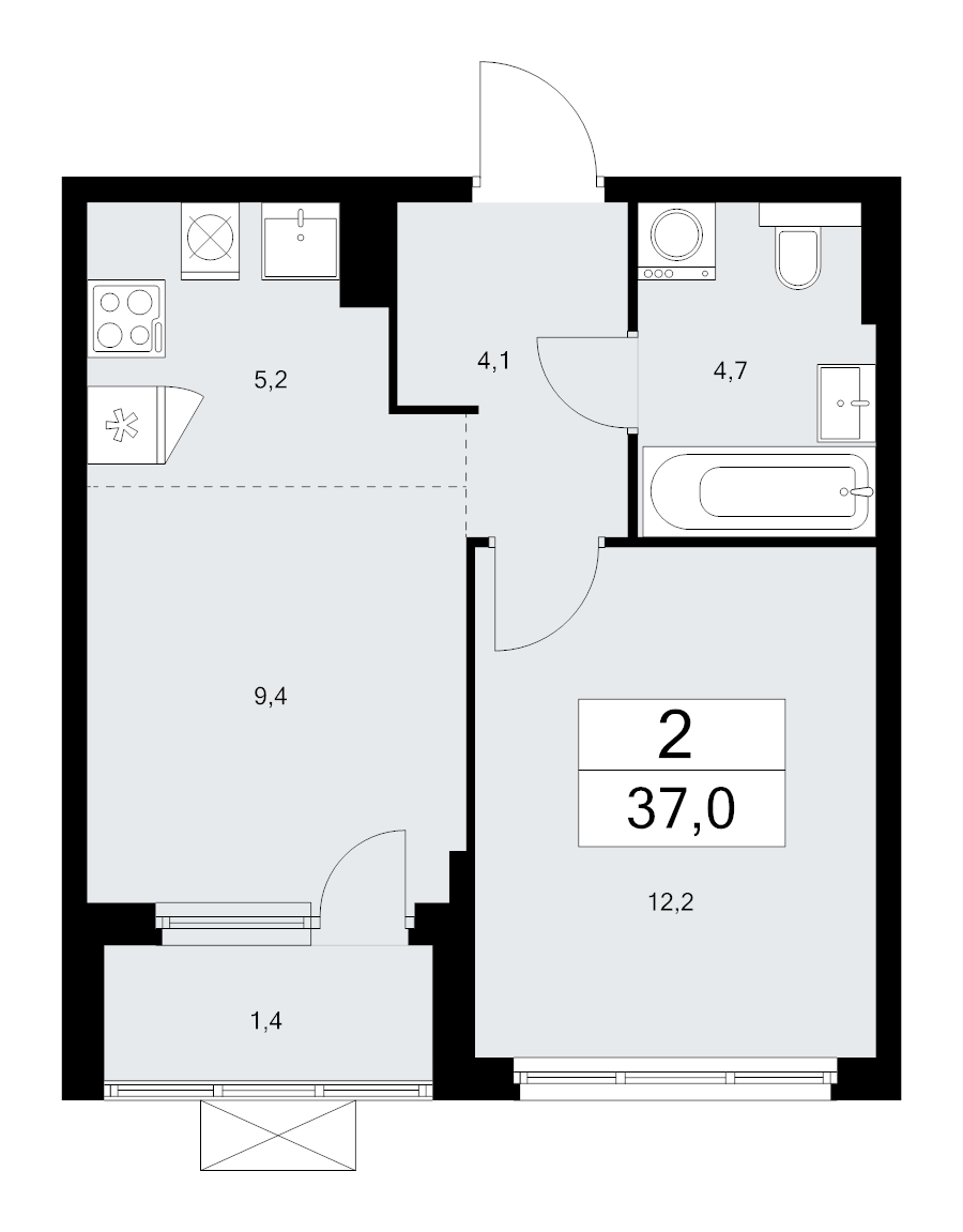 1 ккв 36,8 м²