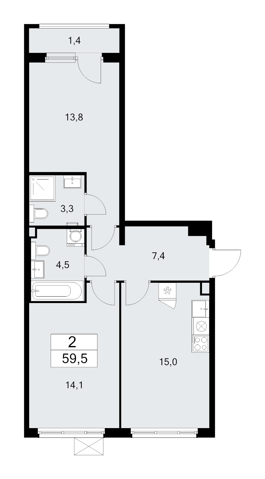 2 ккв 59,5 м²