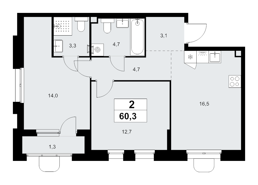 3 ккв (Евро) 60,3 м²