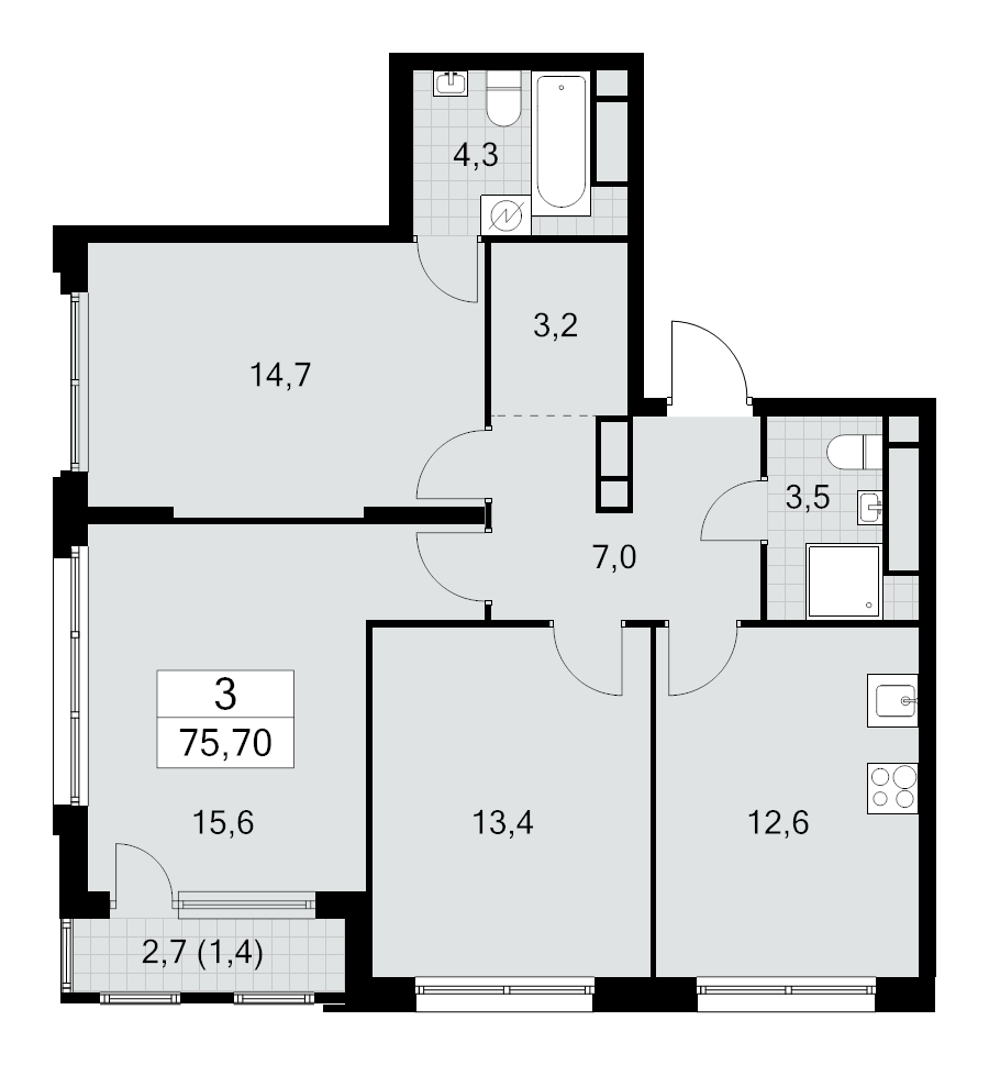 3 ккв 75,7 м²