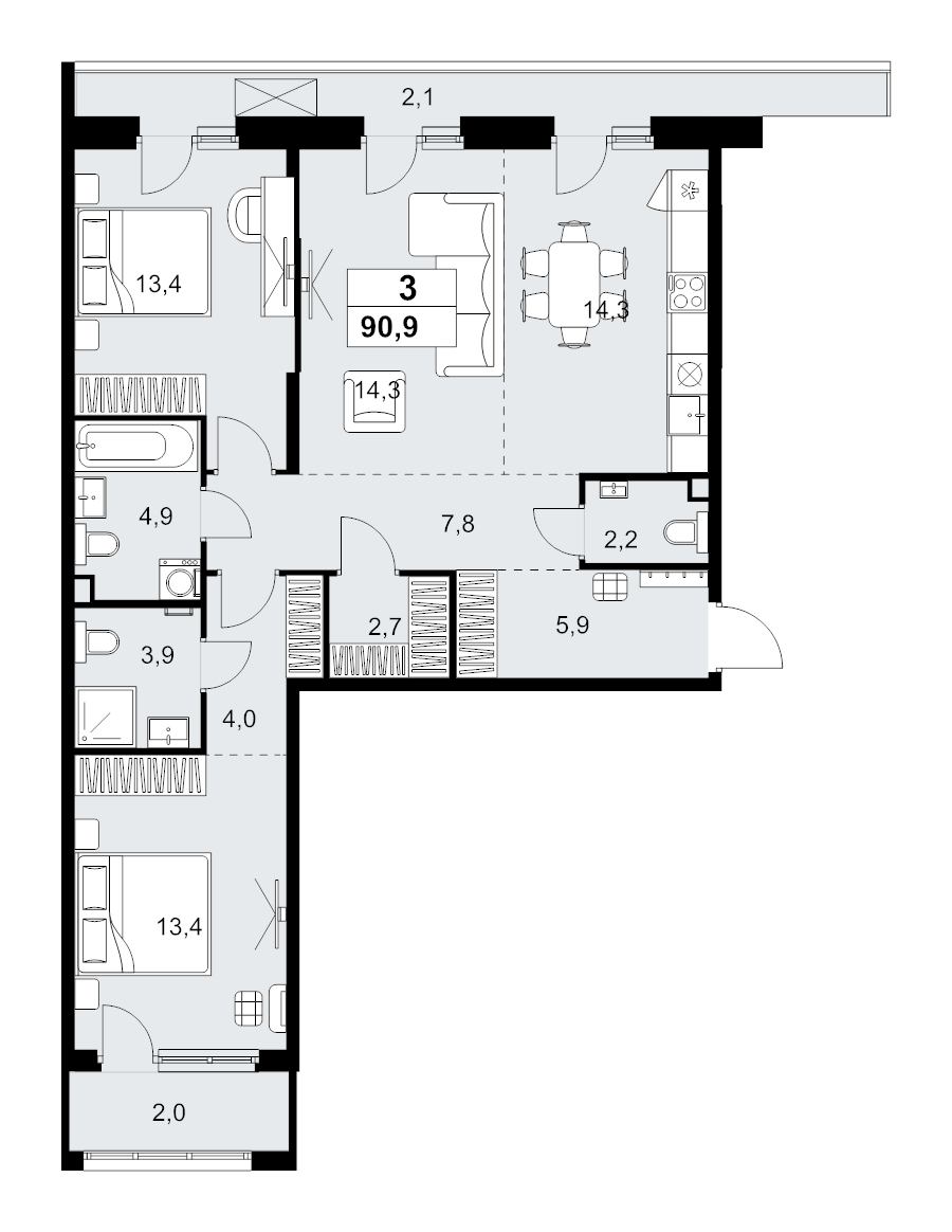 3 ккв (Евро) 90,9 м²
