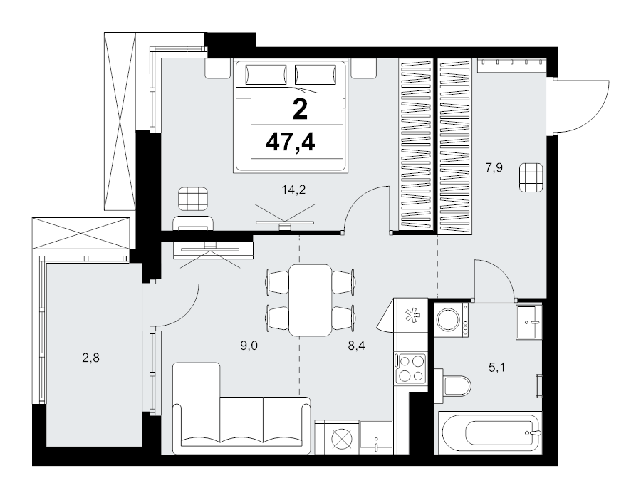 2 ккв (Евро) 47,4 м²