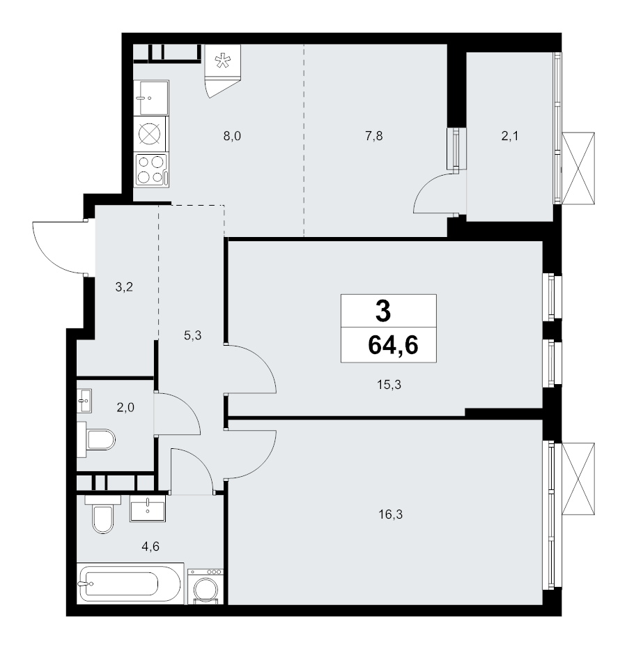 3 ккв (Евро) 64,6 м²