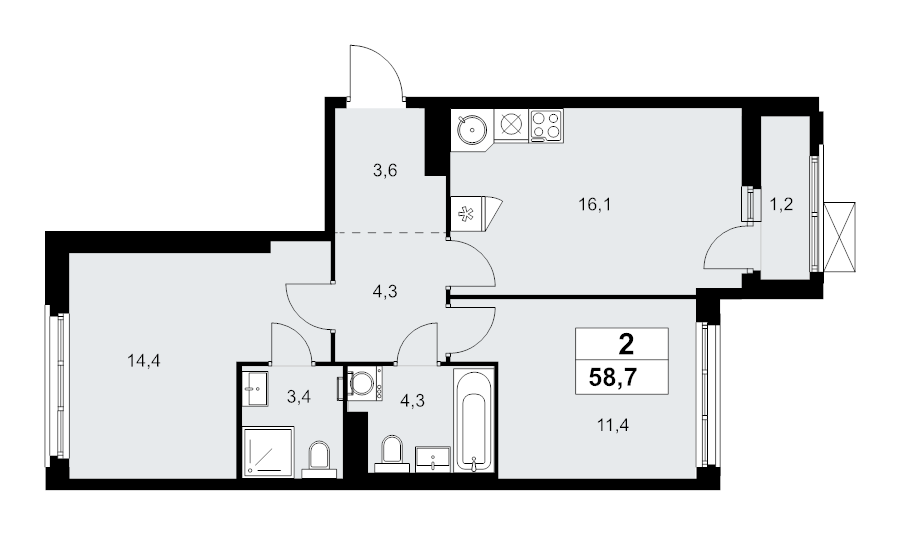 3 ккв (Евро) 58,7 м²