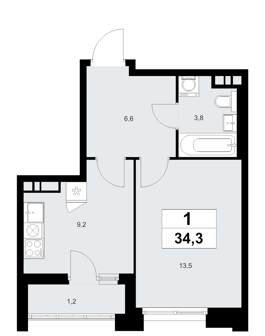 1 ккв 34,3 м²