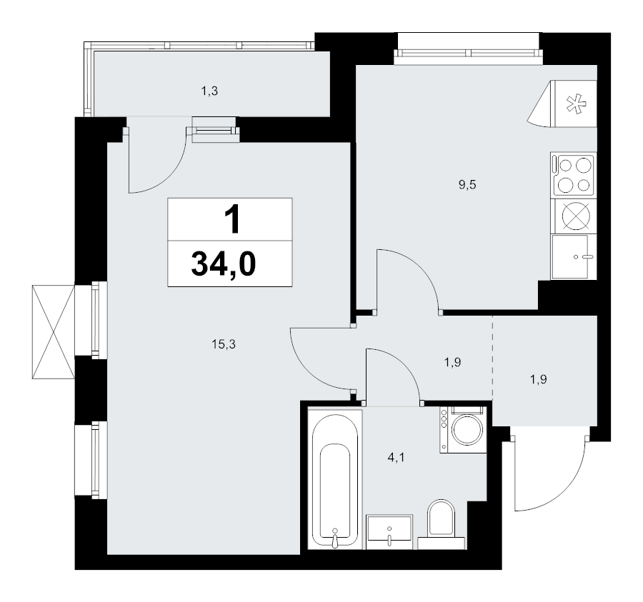 1 ккв 34 м²