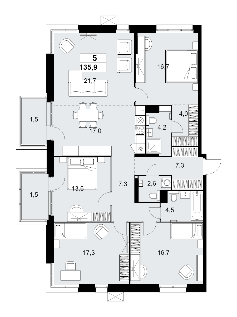 5 ккв (Евро) 135,9 м²