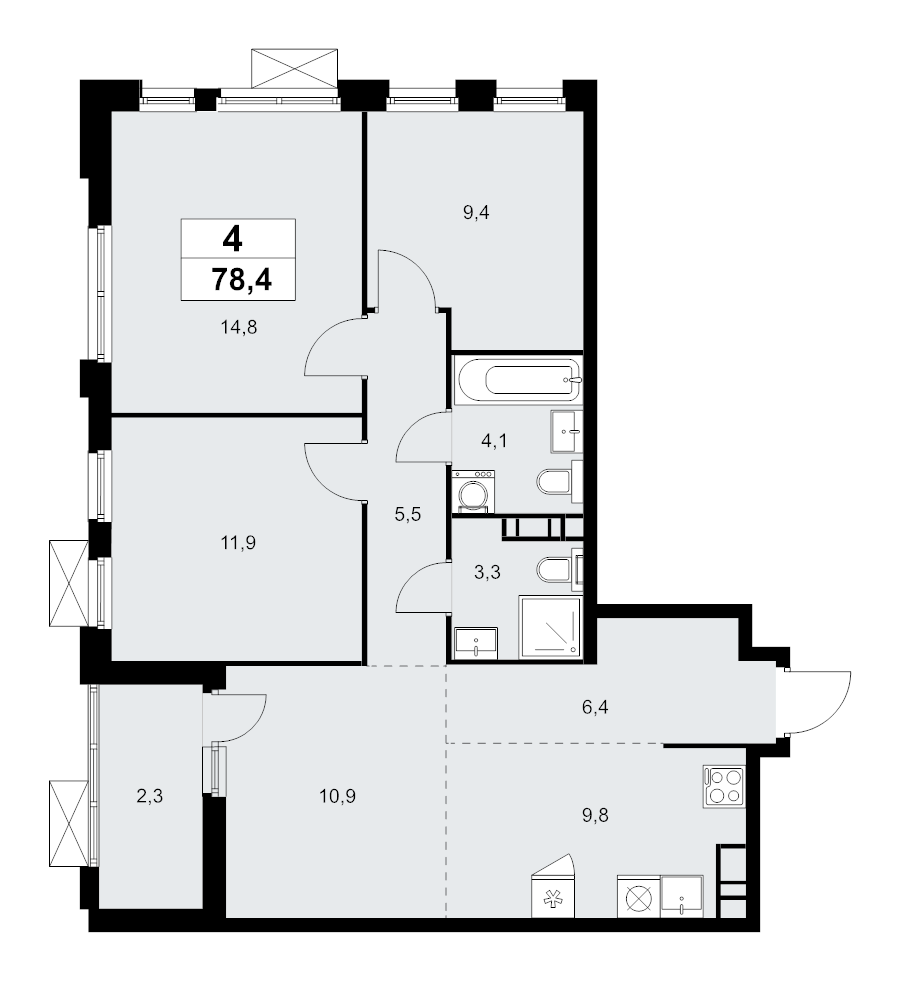 4 ккв (Евро) 78,4 м²