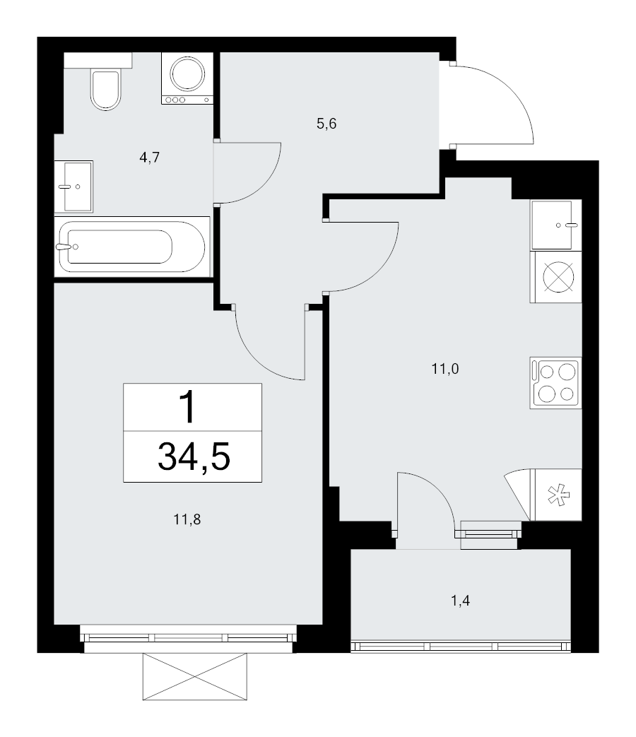 1 ккв 34,6 м²