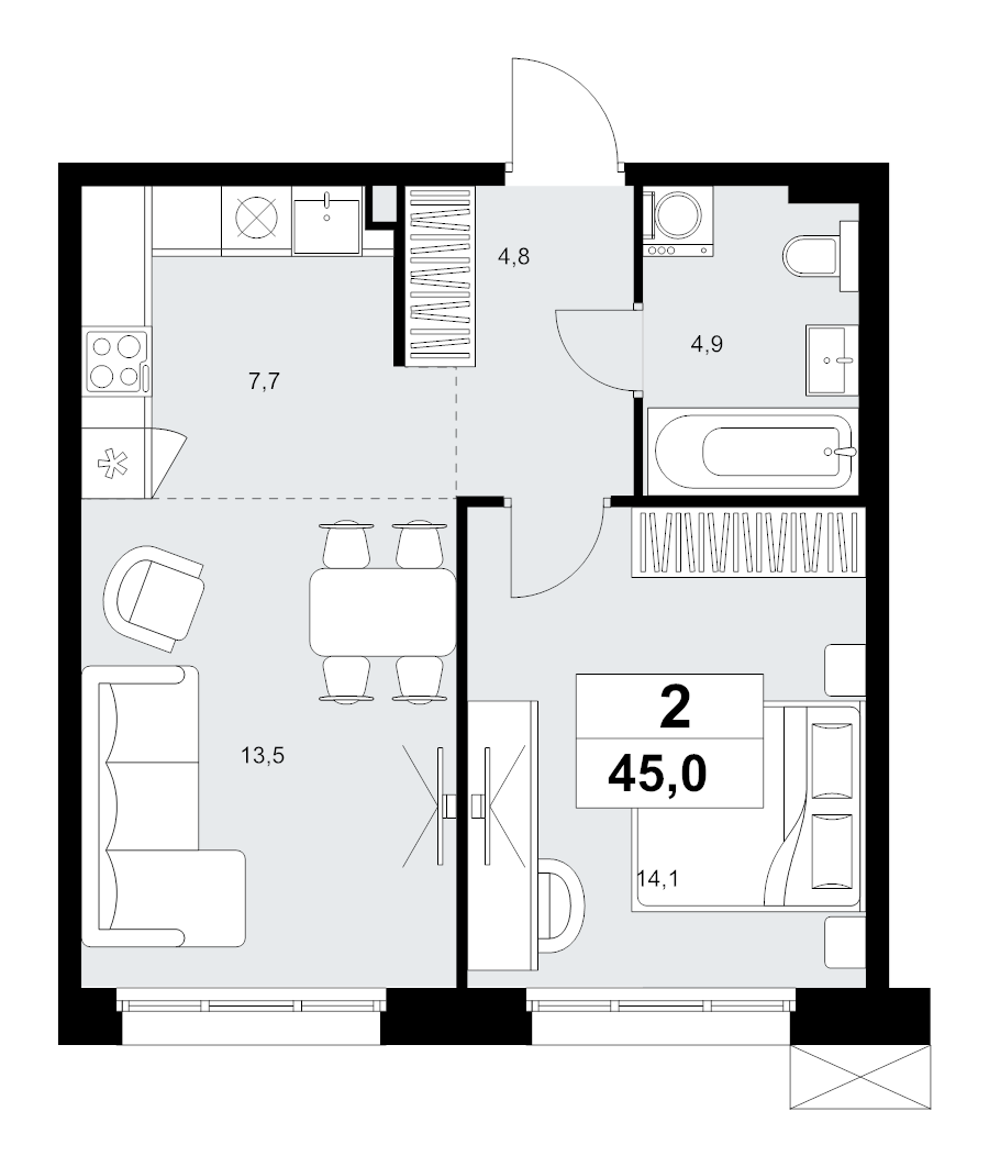 2 ккв (Евро) 45 м²