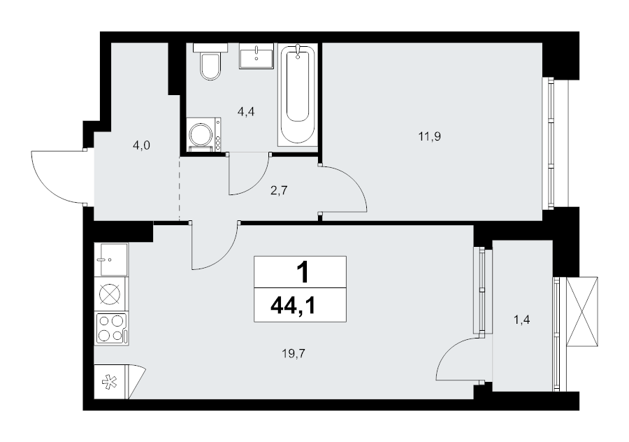 2 ккв (Евро) 44,1 м²