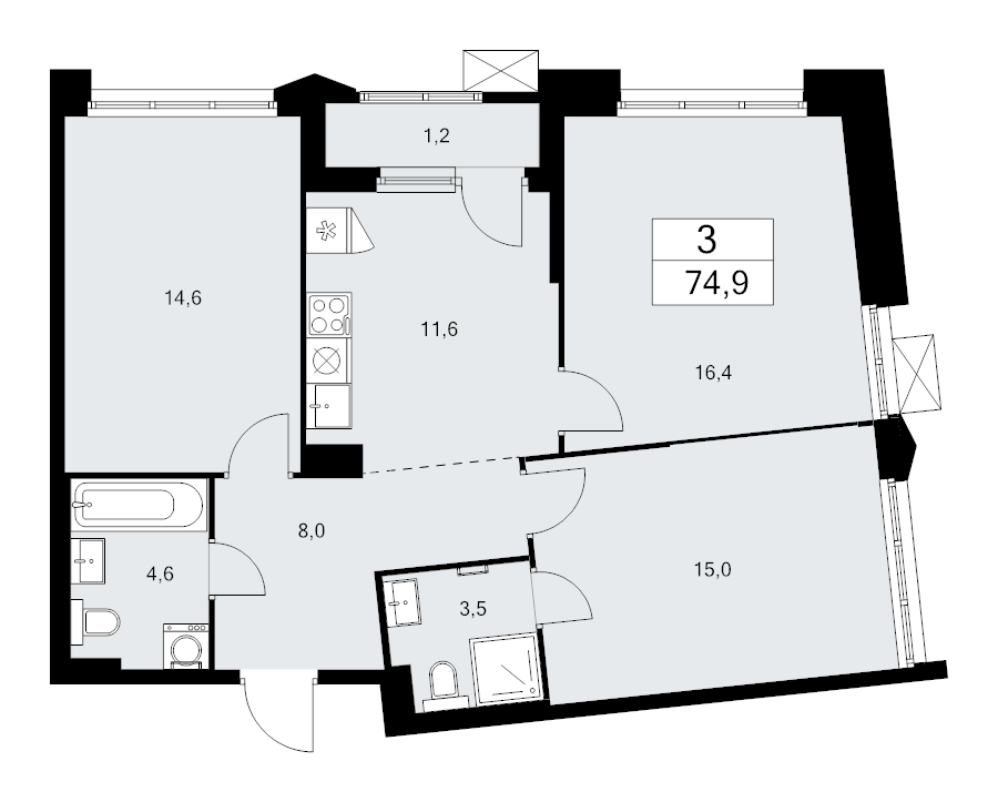 3 ккв 74,9 м²