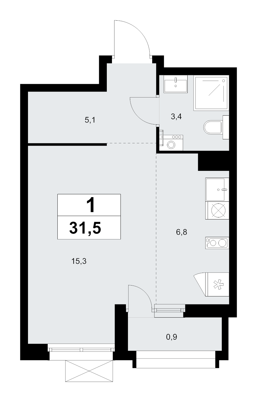 Студия 31,5 м²