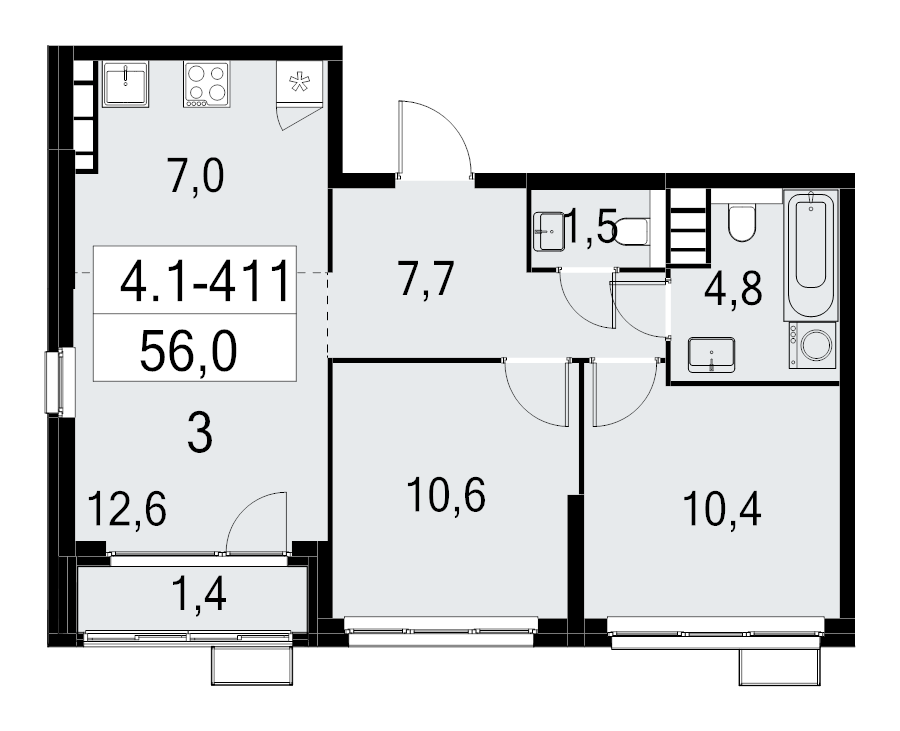 3 ккв (Евро) 56 м²