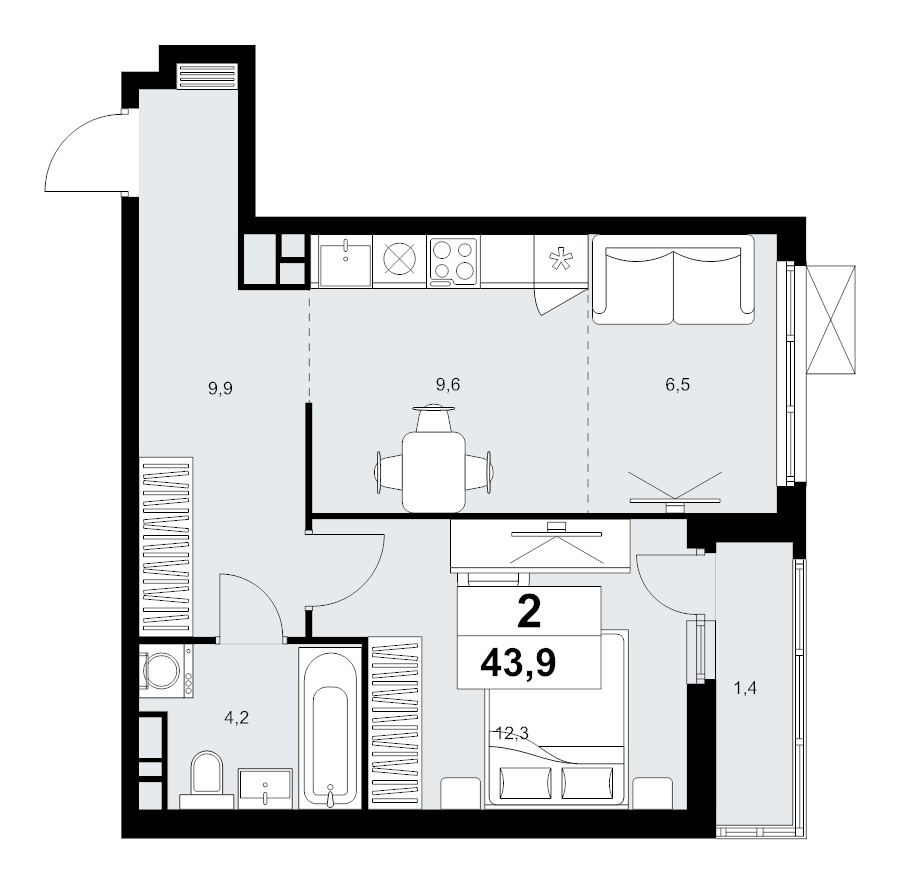 2 ккв (Евро) 43,9 м²