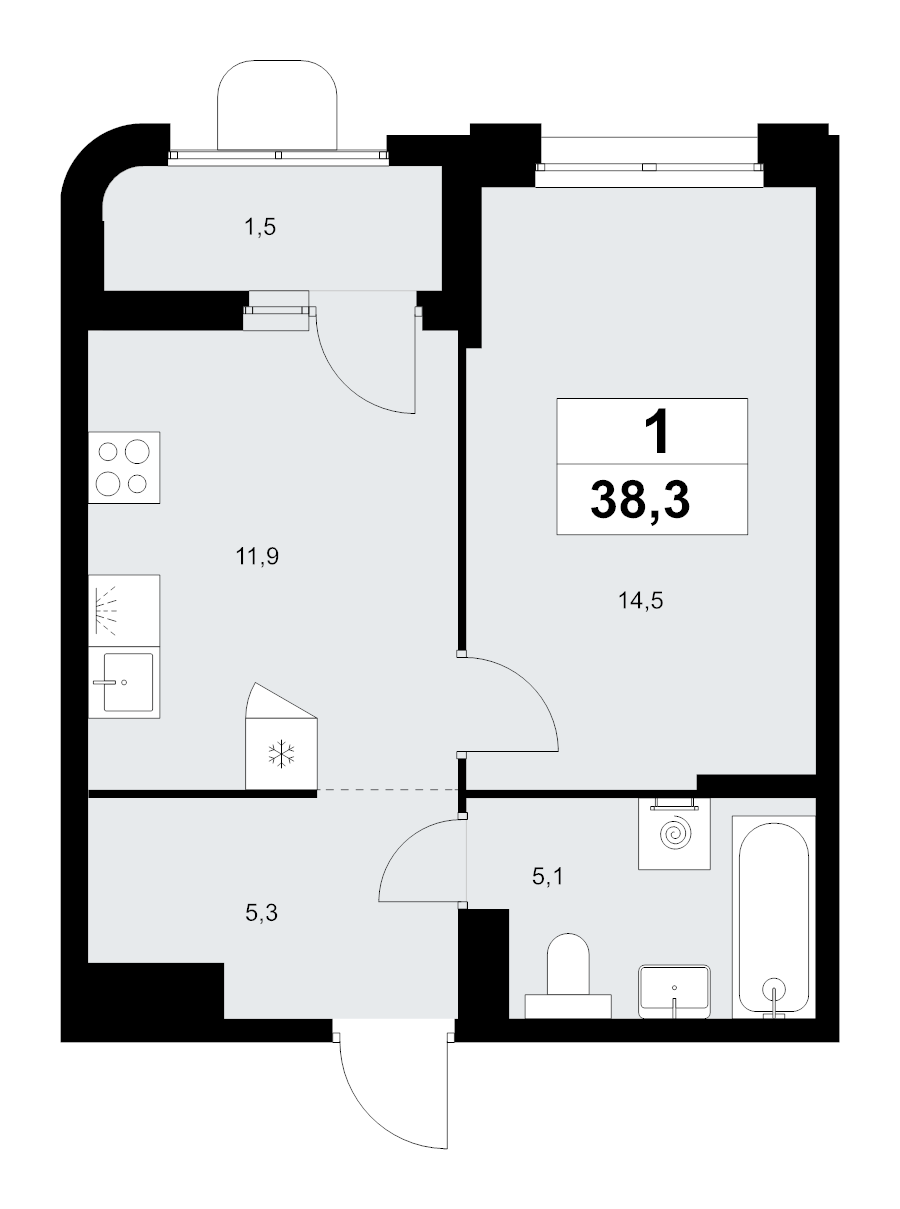 1 ккв 38,3 м²