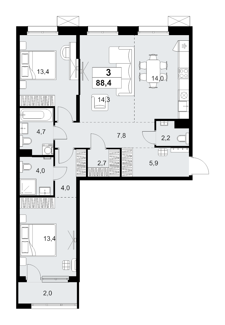3 ккв (Евро) 88,4 м²