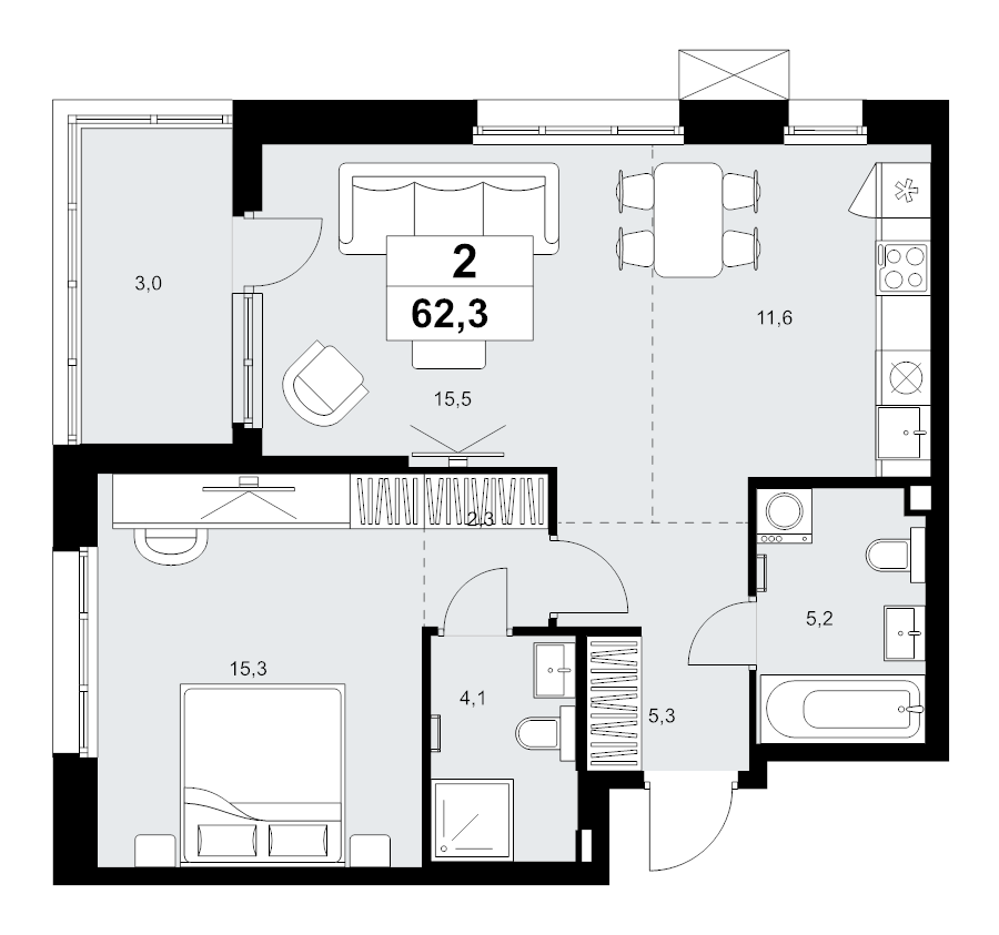2 ккв (Евро) 62,3 м²
