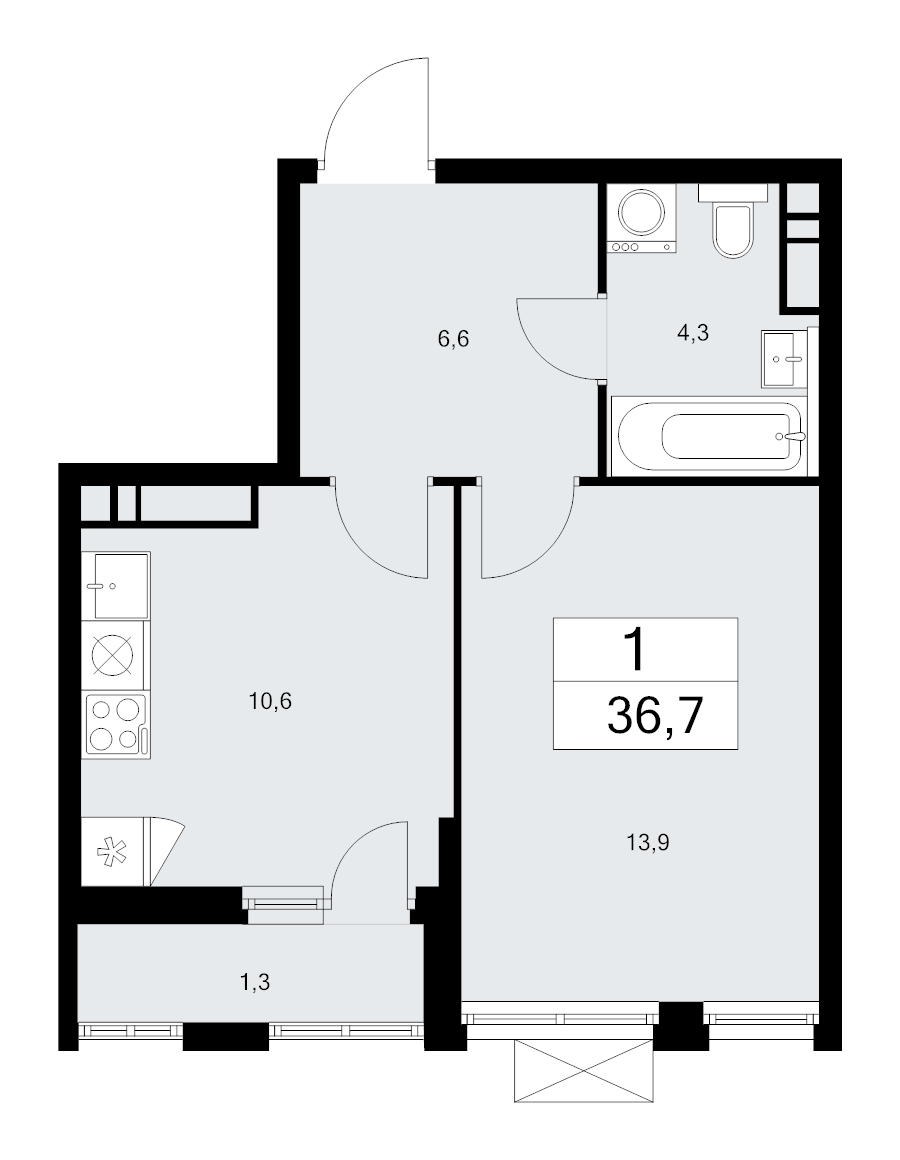 1 ккв 36,7 м²