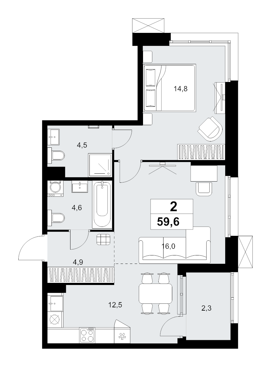 2 ккв (Евро) 59,6 м²