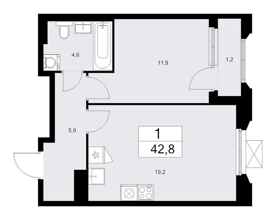 2 ккв (Евро) 42,8 м²