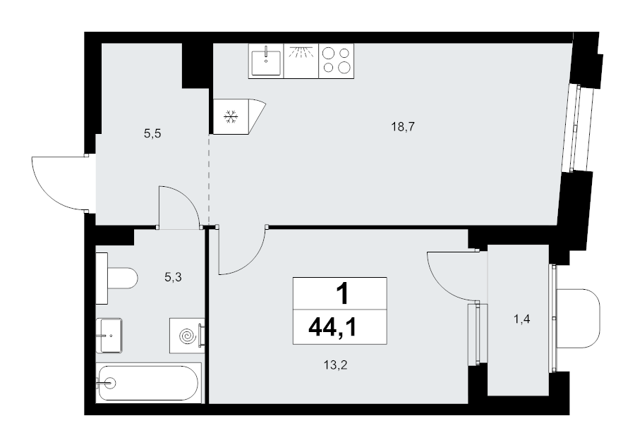 2 ккв (Евро) 44,1 м²