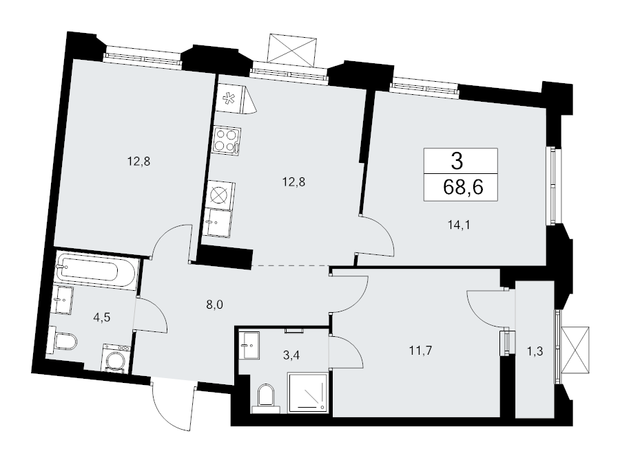 3 ккв 68,6 м²