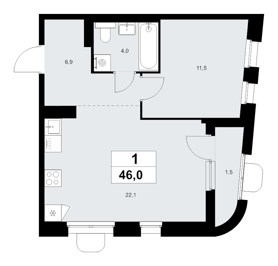 2 ккв (Евро) 46 м²