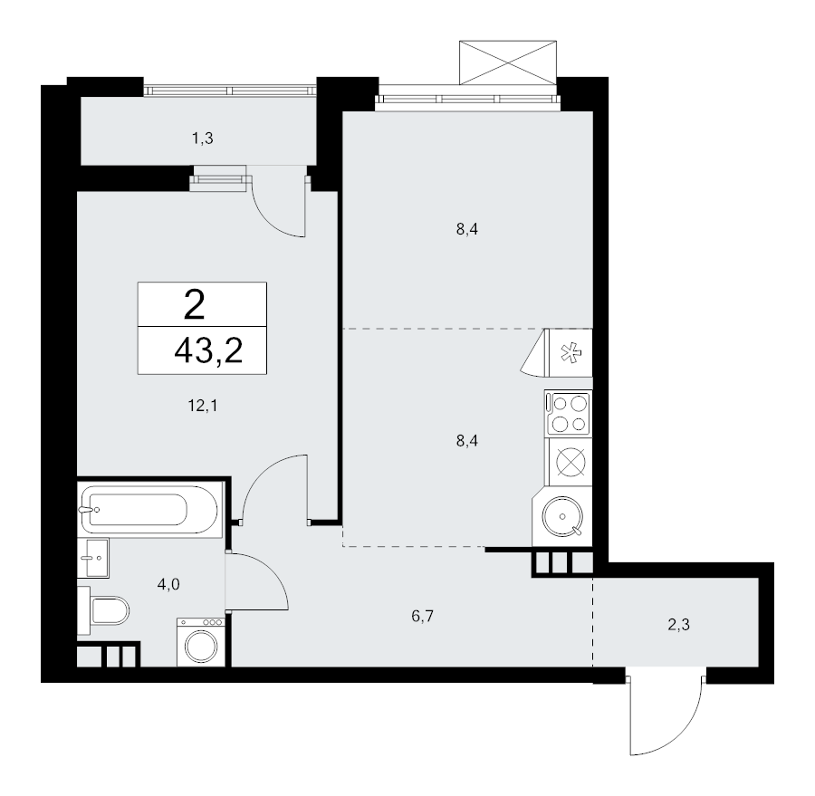 2 ккв (Евро) 43,2 м²
