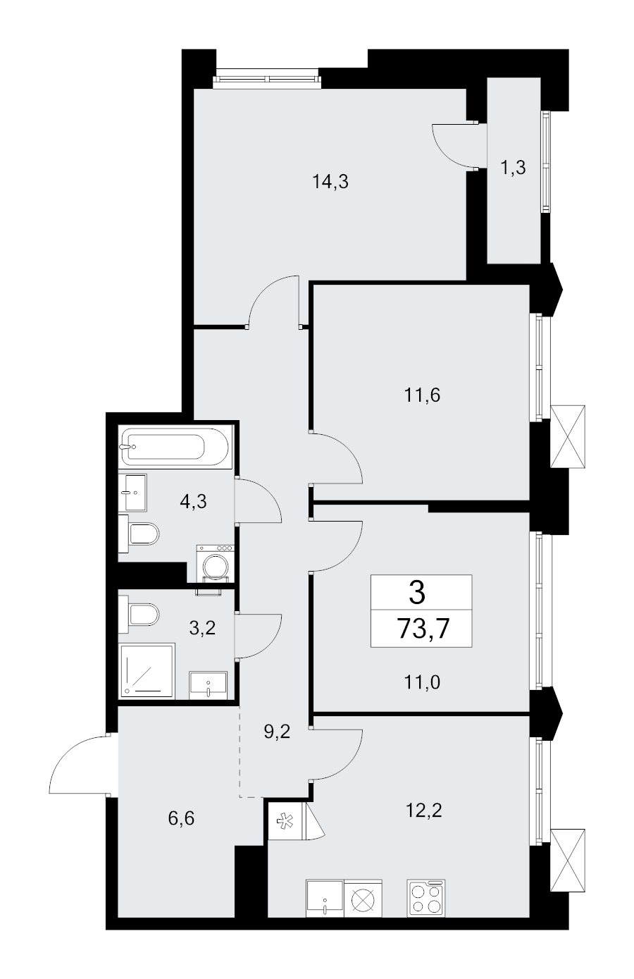 3 ккв 73,7 м²