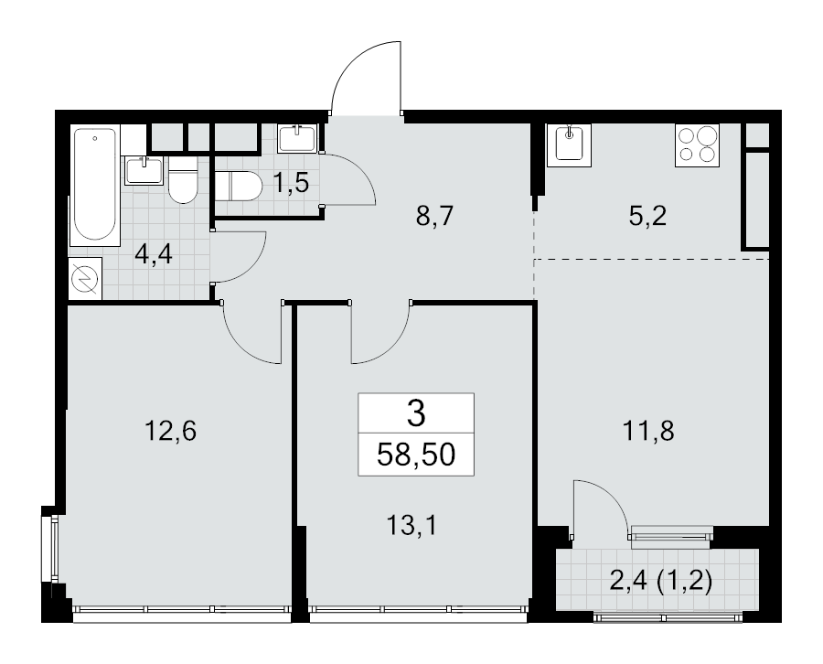 3 ккв (Евро) 58,5 м²