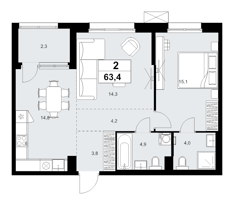 2 ккв (Евро) 63,4 м²